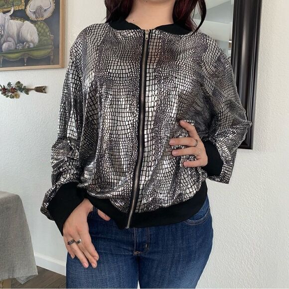 Shein Curve Womens Snakeskin Metallic Long Sleeve Full Zip Jacket Silver 4XL - Picture 5 of 10